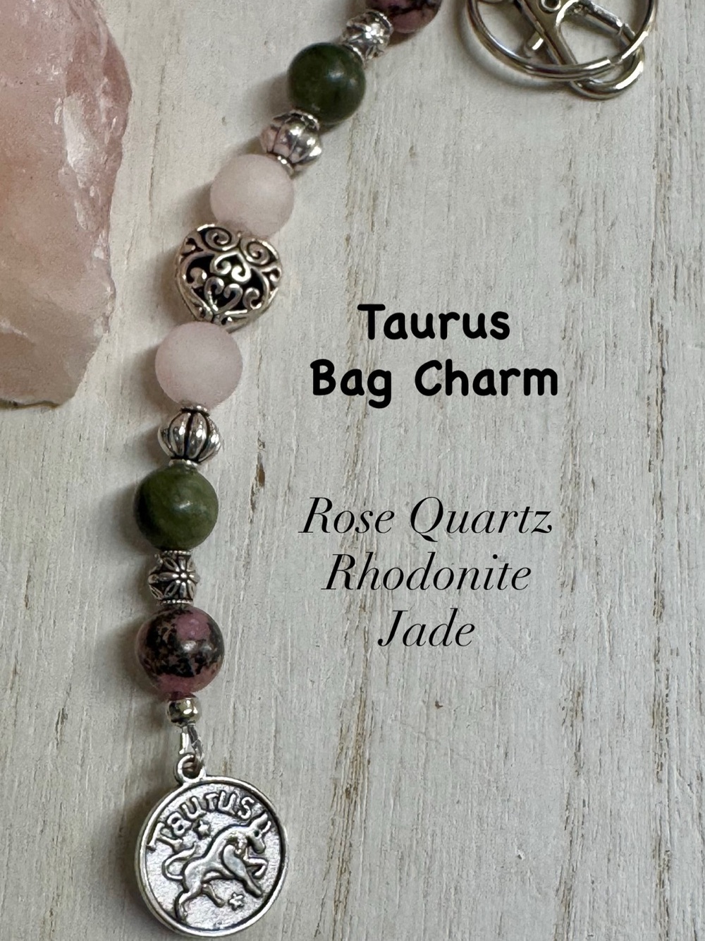 2/$40 Taurus Rose Quartz, Rhodonite & Jade Gemstone Bag Charm Keychain